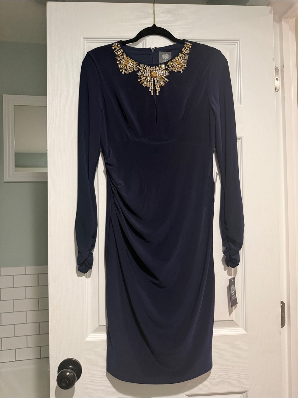 Vince Camuto Navy Long-Sleeve Jeweled-Neck Sheath Dress